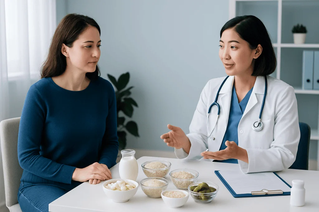 Doctor explaining probiotics and prebiotics to a patient in a consultation.