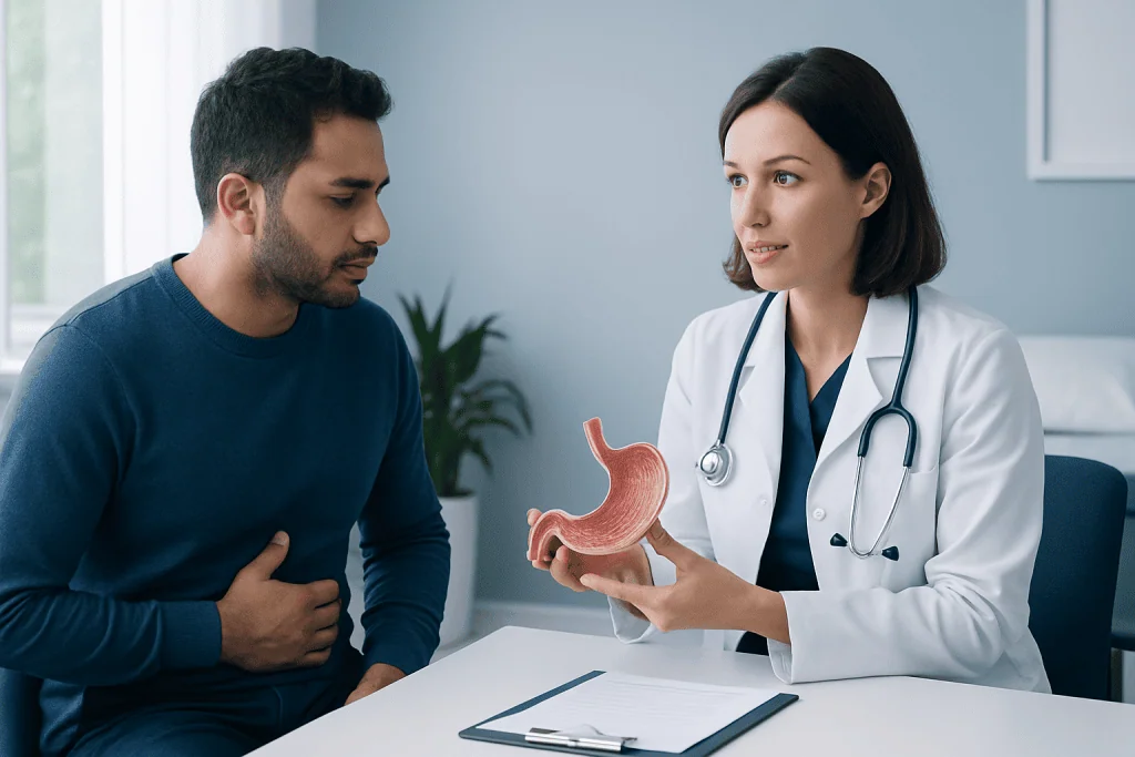 Doctor explaining stomach anatomy to patient in consultation room.