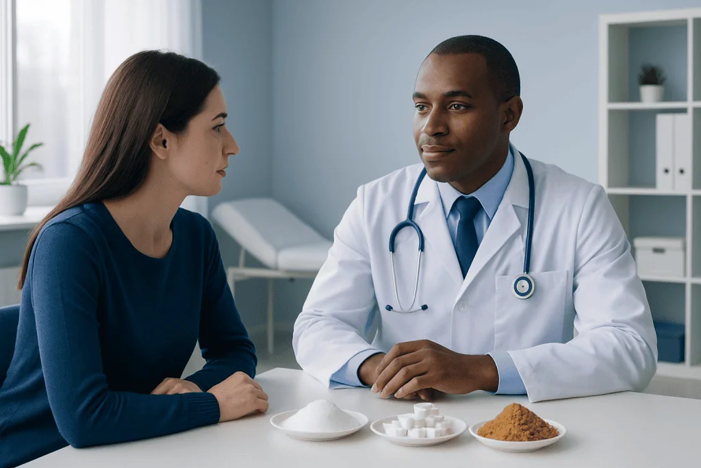 Doctor explaining sugar substitutes to a patient in a medical consultation.