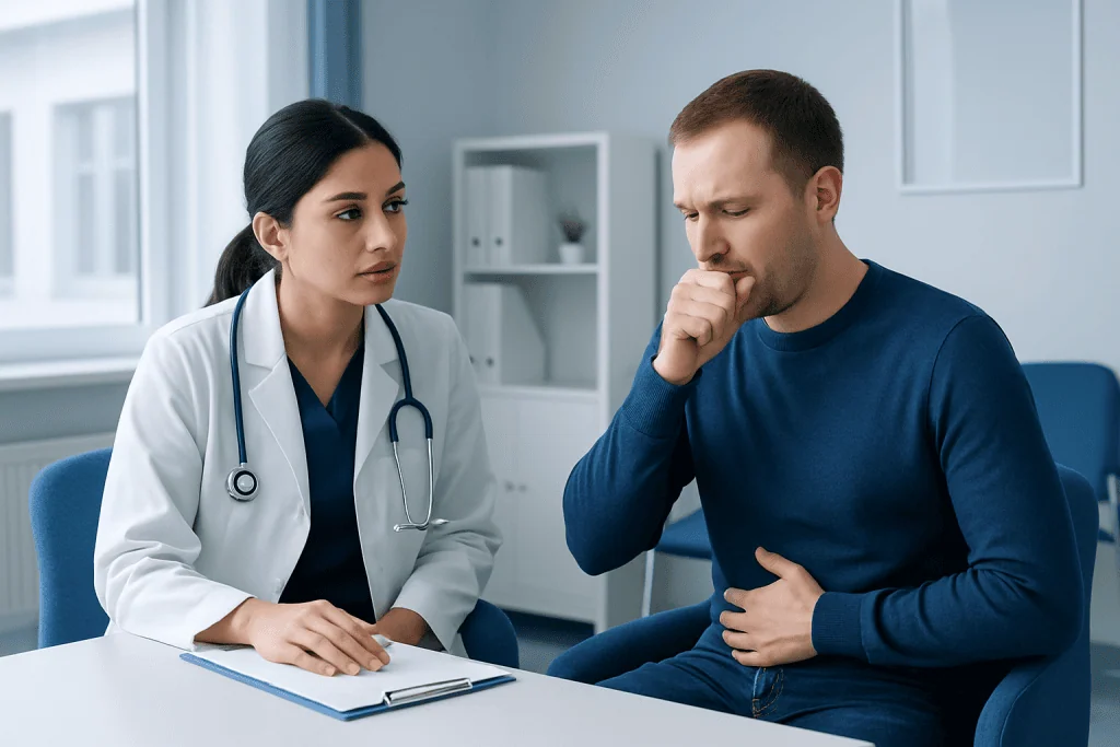 Doctor consulting with a patient about digestive issues in a clinic setting.