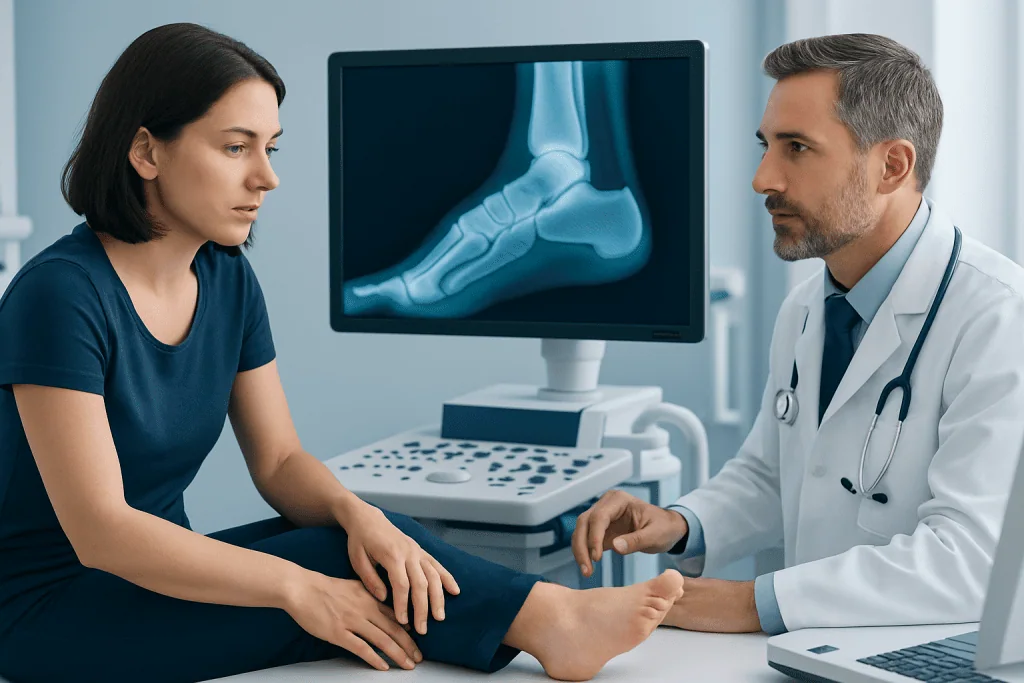 Doctor examining patient's foot with X-ray image in background.
