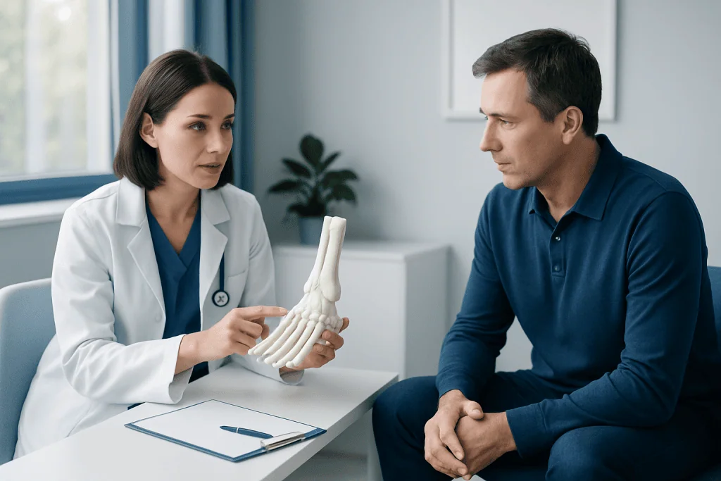 Doctor explaining foot anatomy to patient in consultation room.