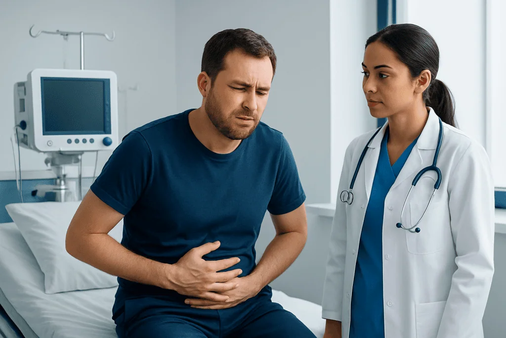 Patient experiencing stomach pain during medical consultation at Acibadem Hospital.