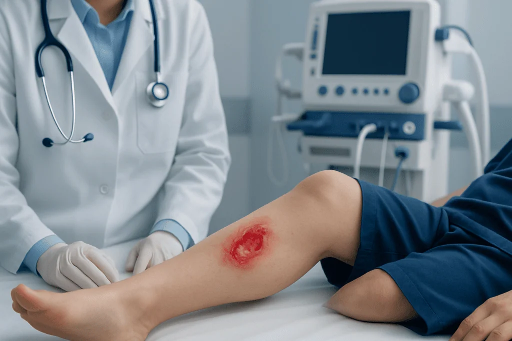 Medical professional examining a leg wound with a monitor in the background.
