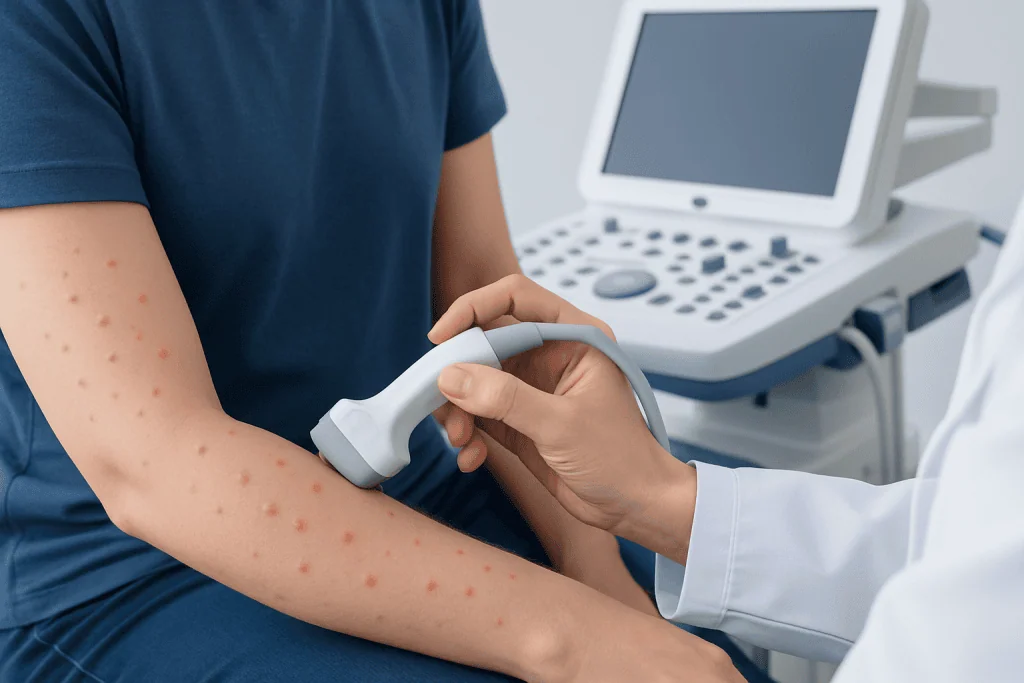 Doctor examines arm with multiple skin bumps using ultrasound device.