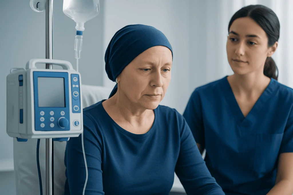 Patient receiving medical treatment in hospital with nurse present.