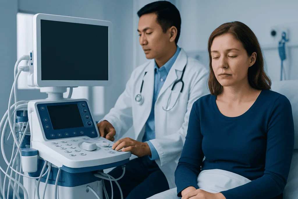 Doctor performing an ultrasound examination on a patient in a hospital setting.