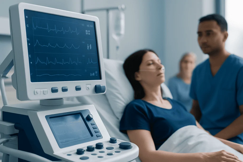 Hospital patient monitored with ECG machine in a clinical setting.
