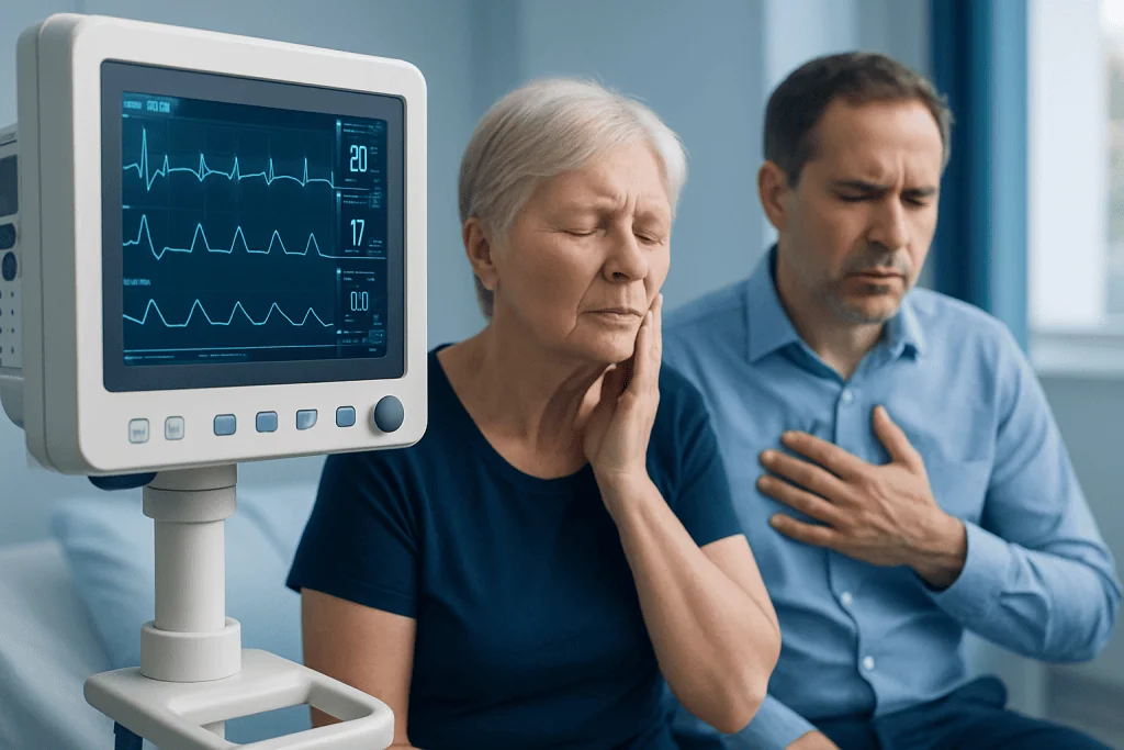Elderly woman experiencing chest pain with heart monitor in hospital.