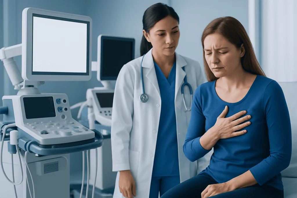 Female patient experiencing chest pain in a medical examination room.