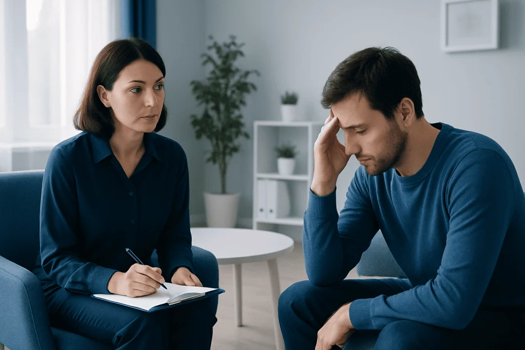 Therapist listening to a patient during a counseling session.