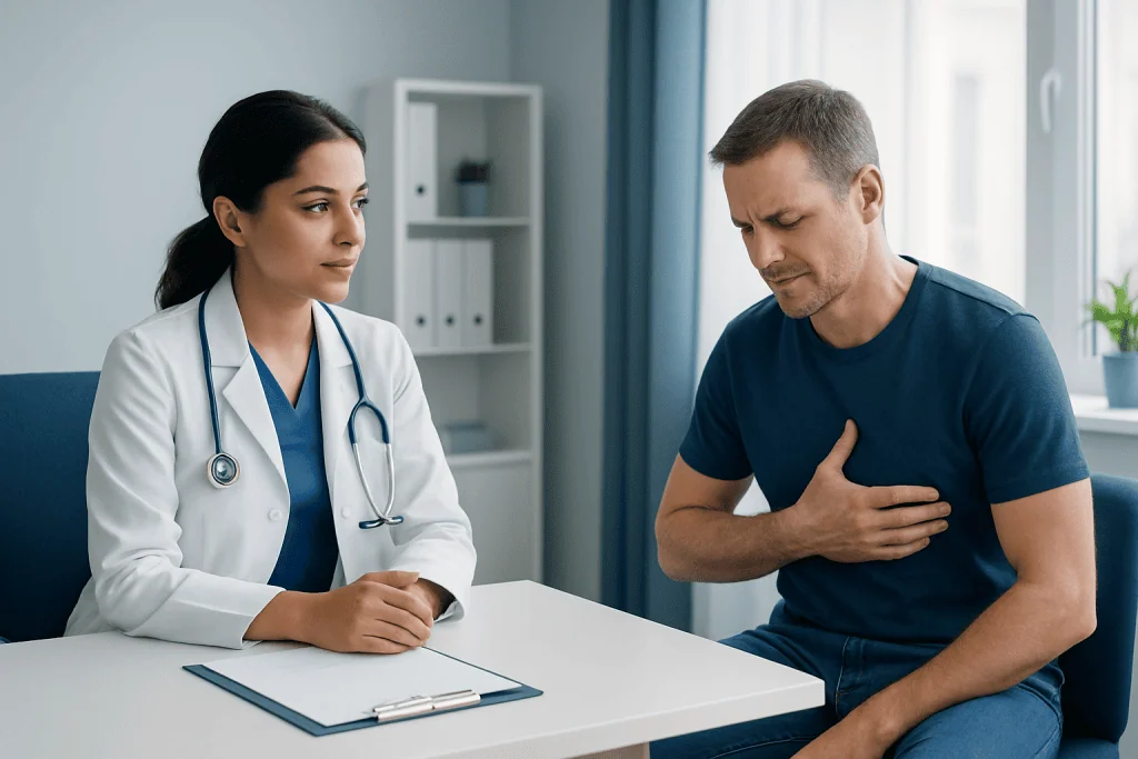Doctor consulting with patient experiencing chest pain in clinic.