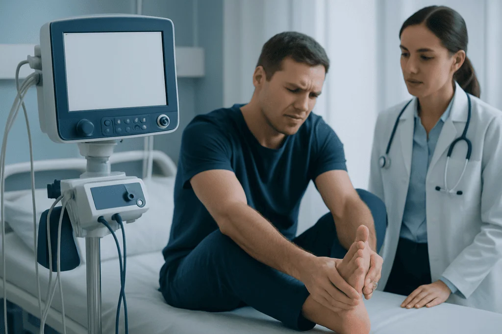 Doctor examining patient's foot in hospital setting for foot cramps causes.