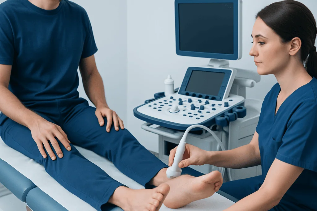 Medical professional performing an ultrasound on a patient's foot in a clinical setting.