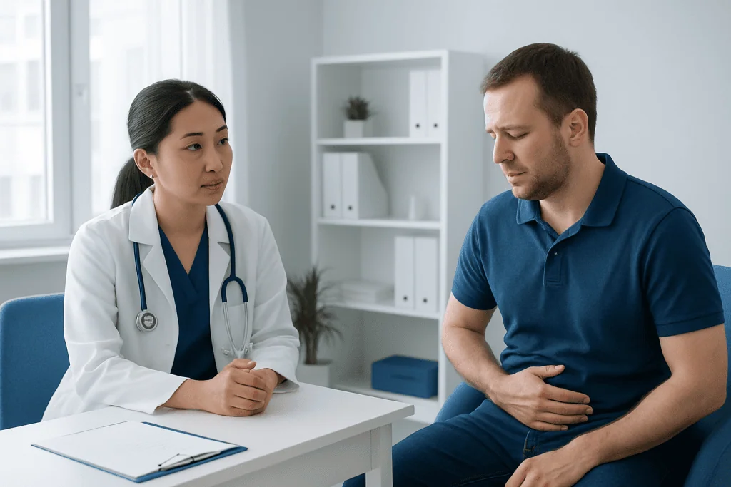 Doctor consulting male patient about abdominal discomfort in clinic.