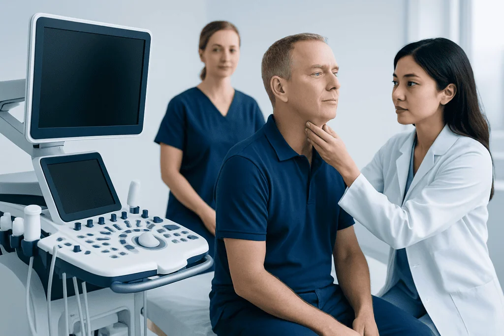 Doctor examines patient during a medical consultation at Acibadem Hospital.
