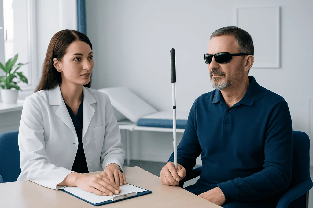 Doctor conducting vision test with a patient using a blind spot test device.