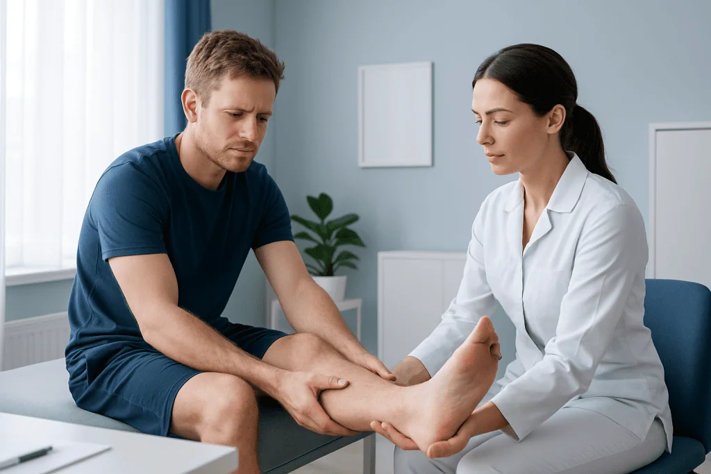 Physiotherapist examining patient's ankle for sprain or injury.