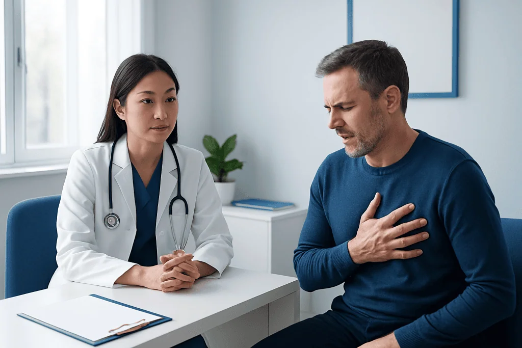 Doctor consulting a patient with chest pain in a medical office.
