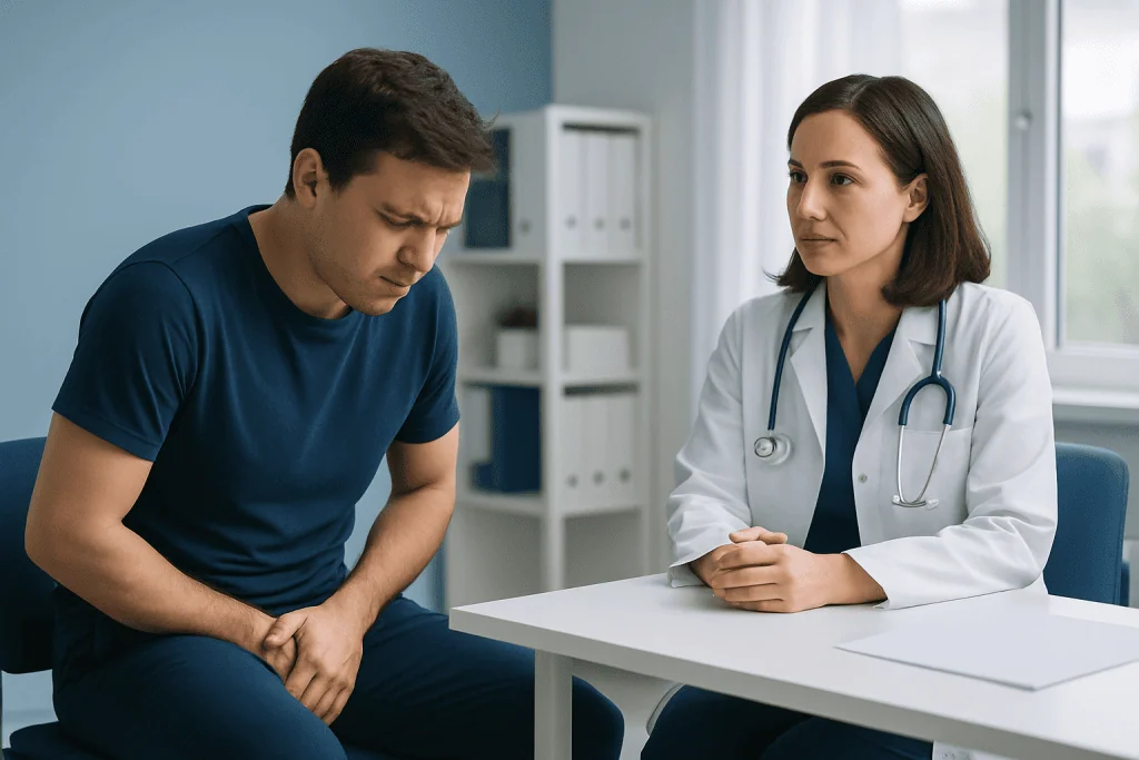 Doctor consulting with male patient about testicular pain in a medical office.