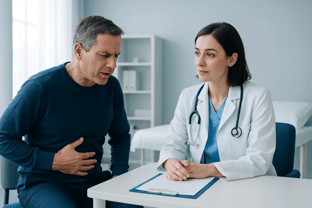 Doctor consulting with a patient about post-operation gas issues.