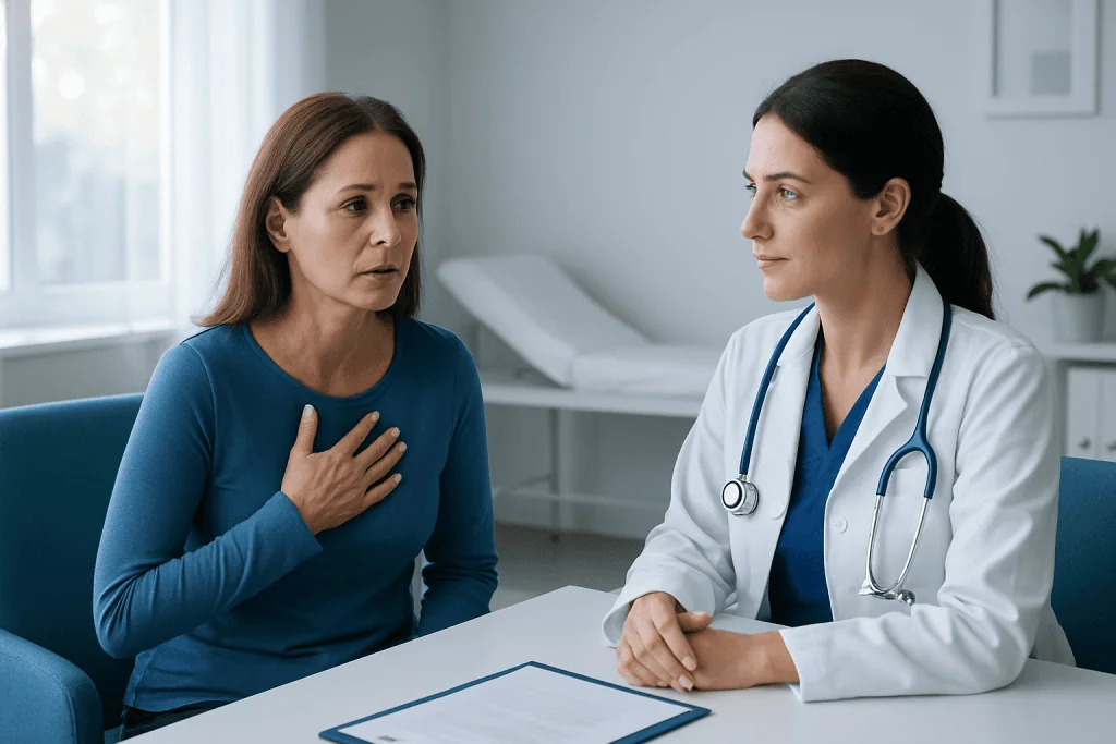 Doctor consulting a patient about her health in a medical office.
