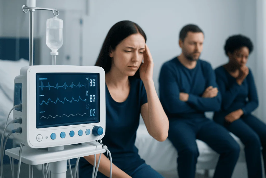 Woman experiencing headache in hospital with monitor showing vital signs.