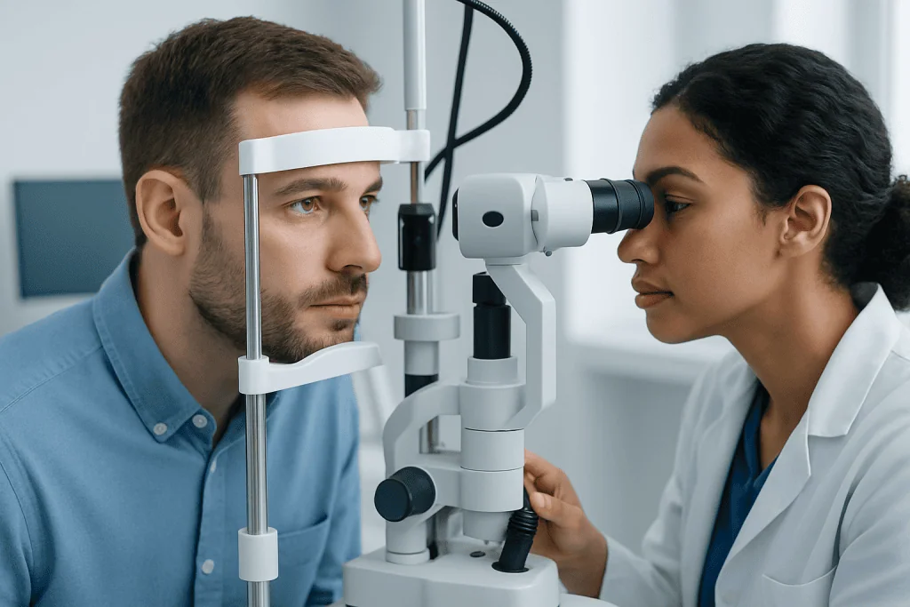 Optometrist examines patient's eye with slit lamp in clinic.