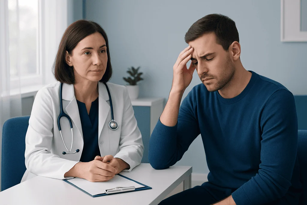 Doctor consulting with a patient experiencing headache or illness.