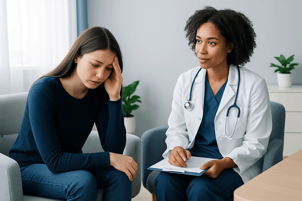 Young woman experiencing headache consulting with doctor in clinic.