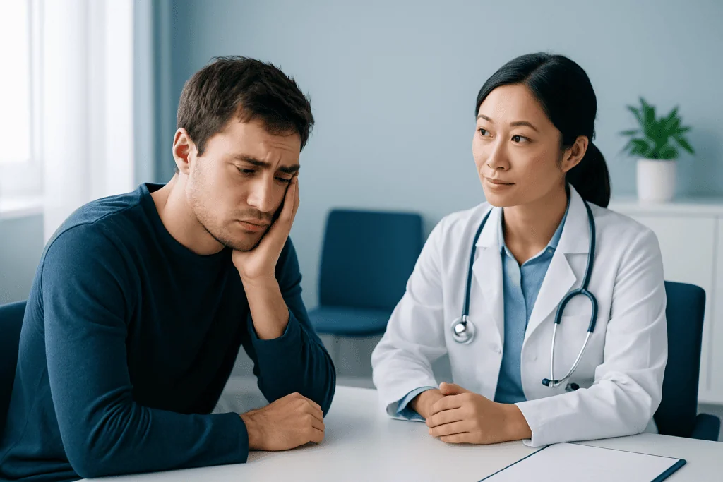 Concerned man consulting with a female doctor in a medical office.