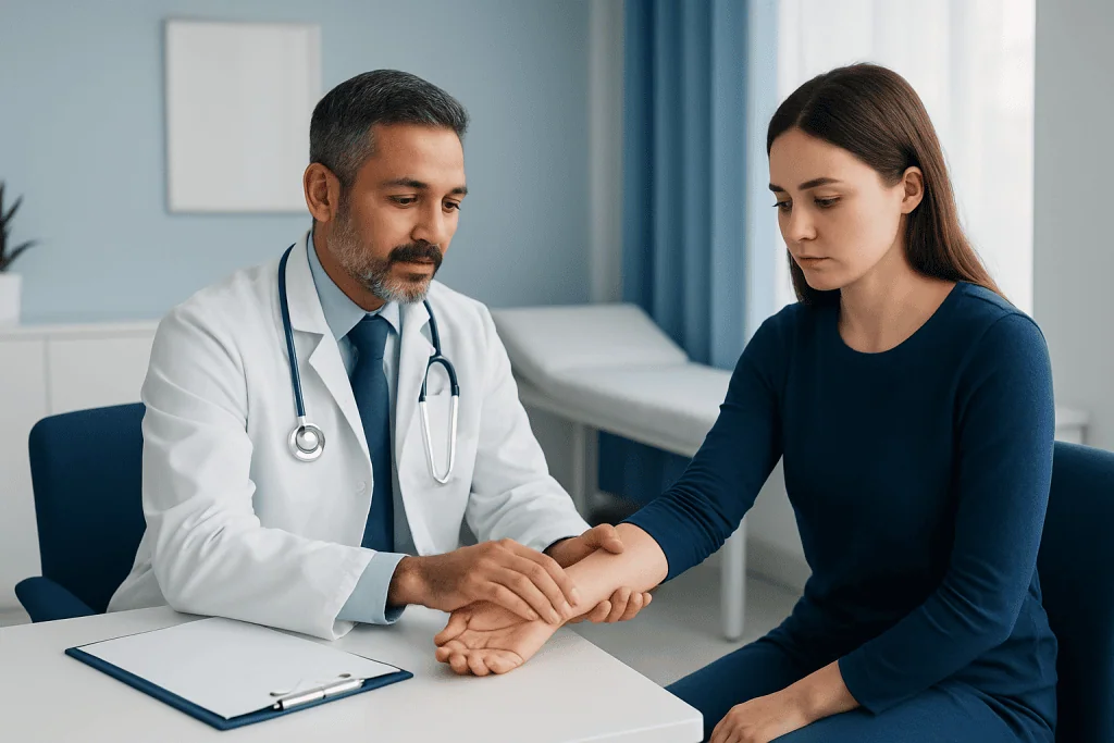 Doctor examining patient's wrist in a medical consultation room.