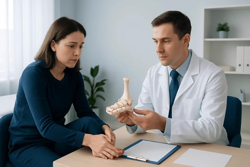 Doctor explaining foot joint anatomy to a patient in a clinic setting.