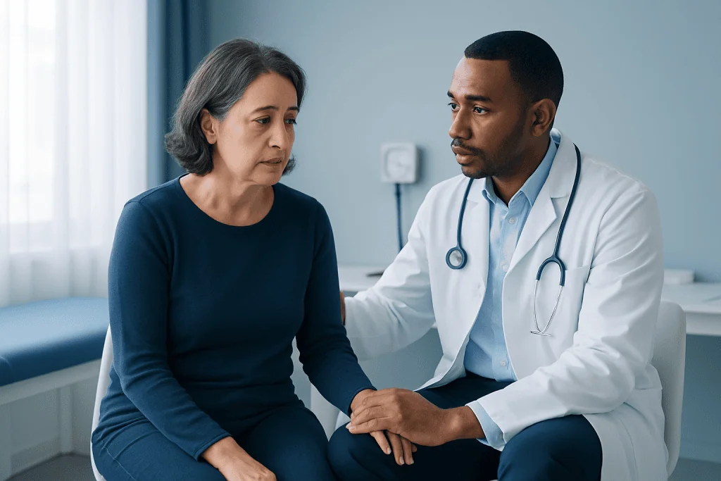 Doctor consulting with a middle-aged woman about her health in a clinic setting.