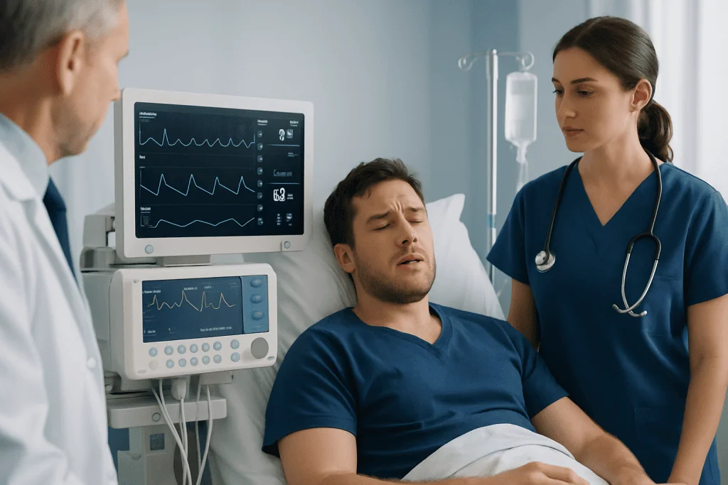Patient in hospital bed with medical staff monitoring vital signs.