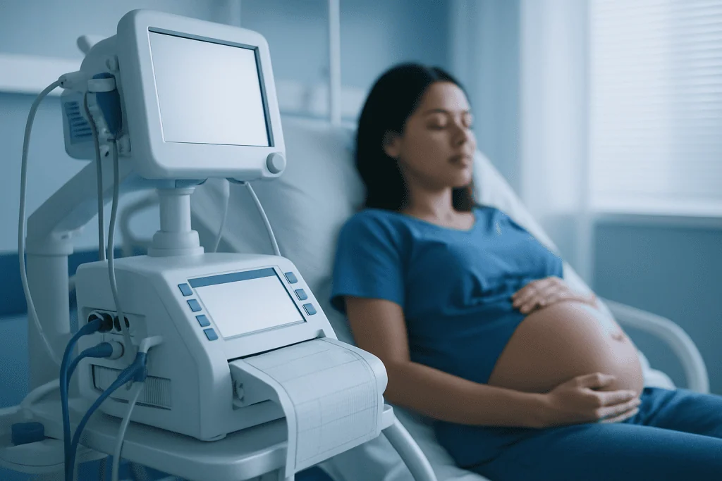 Pregnant woman in hospital bed with fetal monitor for labor assessment.