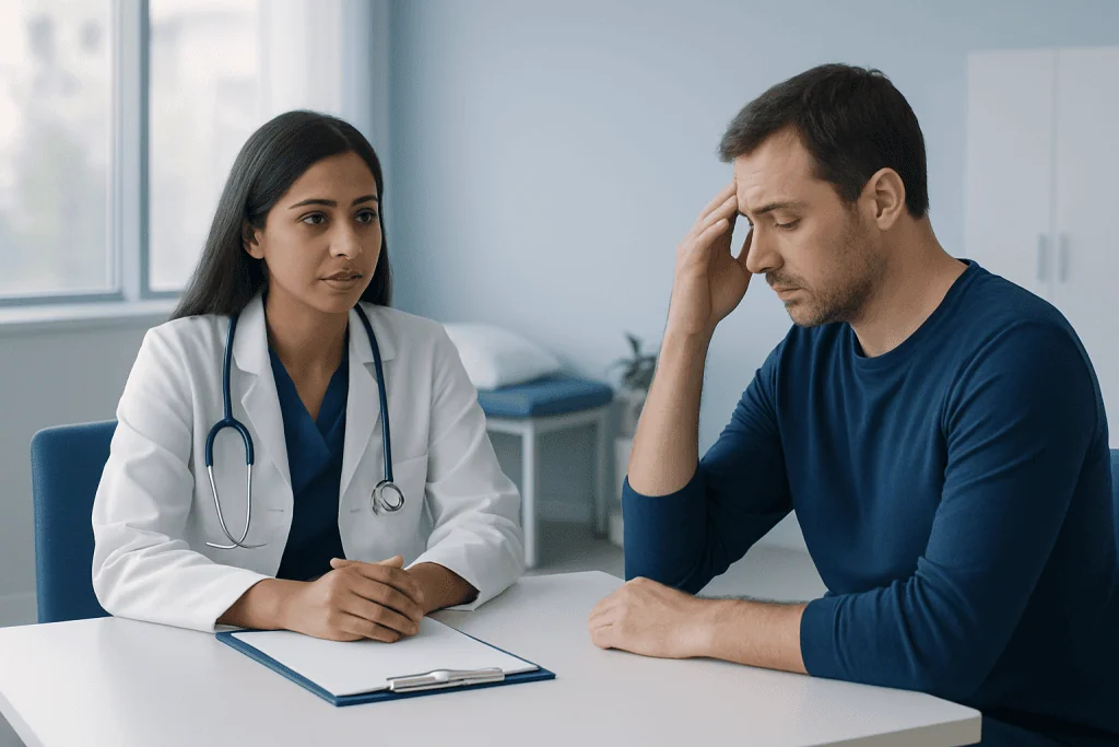 Doctor consulting with a patient about health concerns in a medical office.
