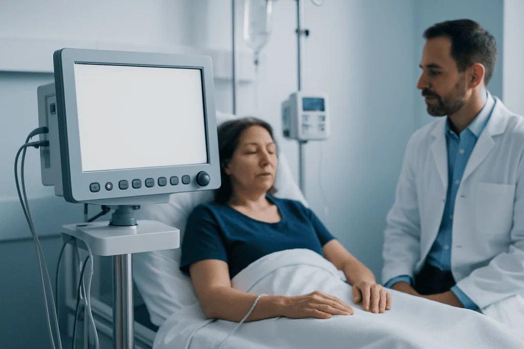 Doctor consulting with patient in hospital room with medical equipment.