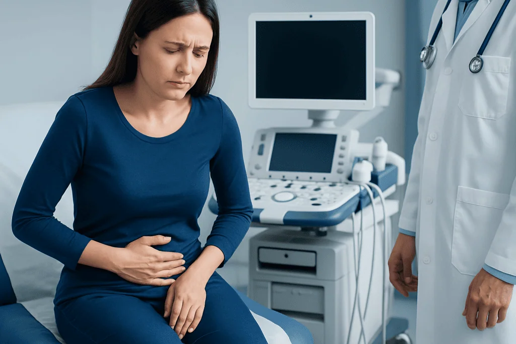 Woman experiencing abdominal pain during medical examination at hospital.
