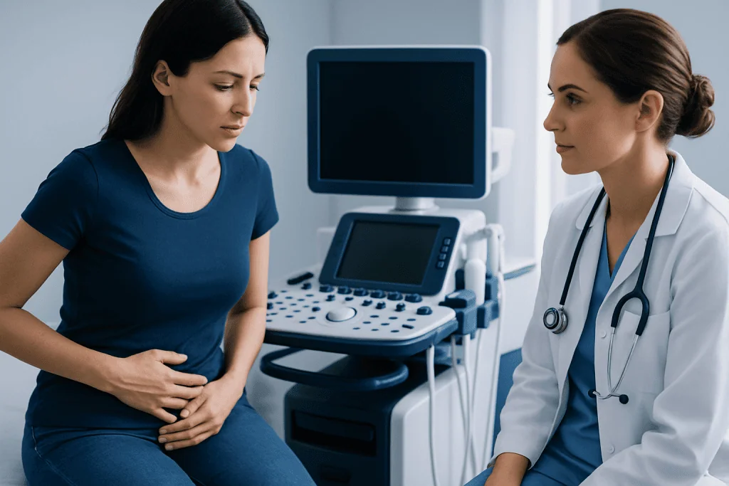 Doctor consulting a patient about uterine swelling in a medical clinic.