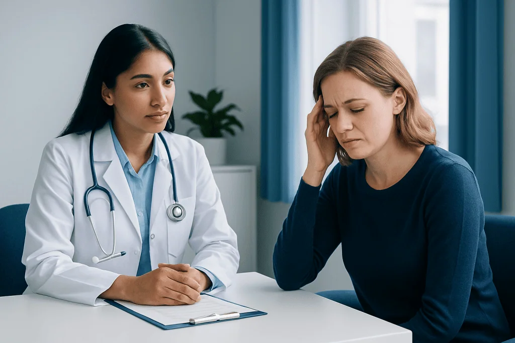 Doctor consulting with a patient experiencing headache or stress.