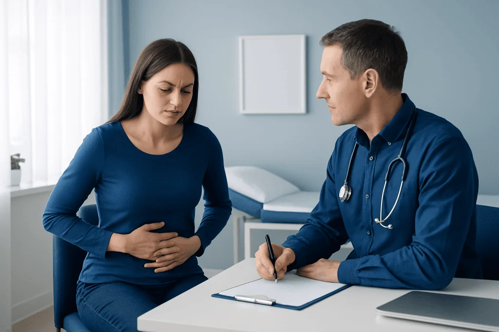 Doctor consulting with a woman experiencing abdominal pain in a clinic.