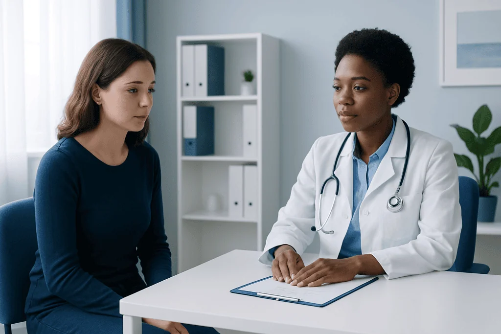 Doctor consulting with a patient in a modern medical office.