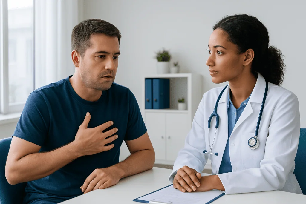 Male patient consulting with female doctor about chest pain symptoms.