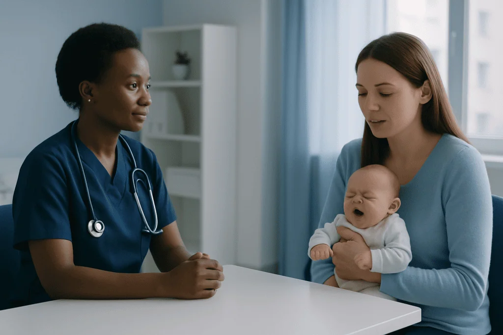 Pediatric consultation with a doctor and mother holding a baby in a clinic.