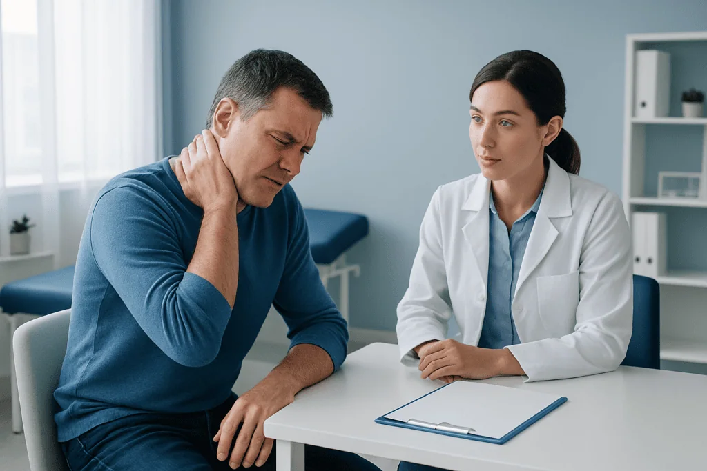 Patient experiencing neck pain during consultation at Acibadem Hospital.