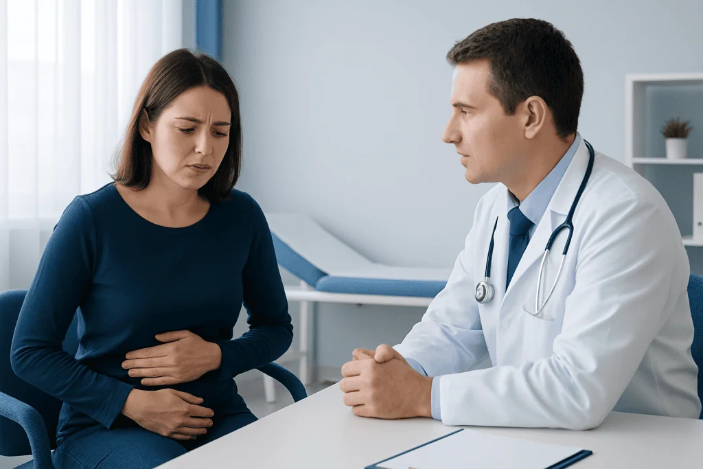 Doctor consulting with a woman patient about stomach discomfort.