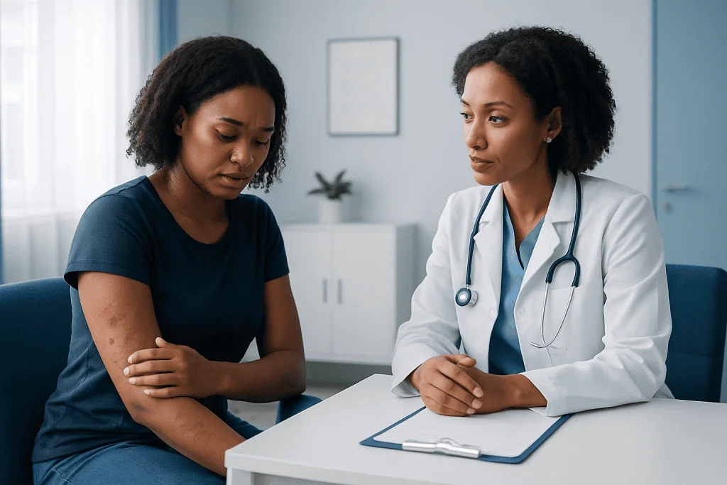 Doctor consulting with patient about skin hives on arm in clinic setting.