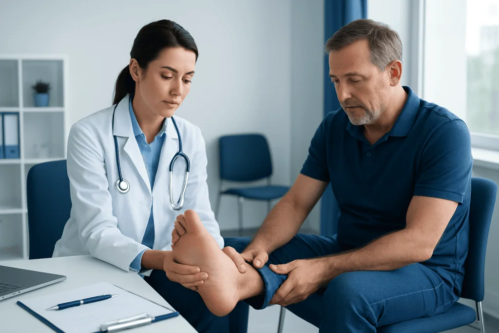 Doctor examining patient's foot for calcaneus pain in a clinical setting.