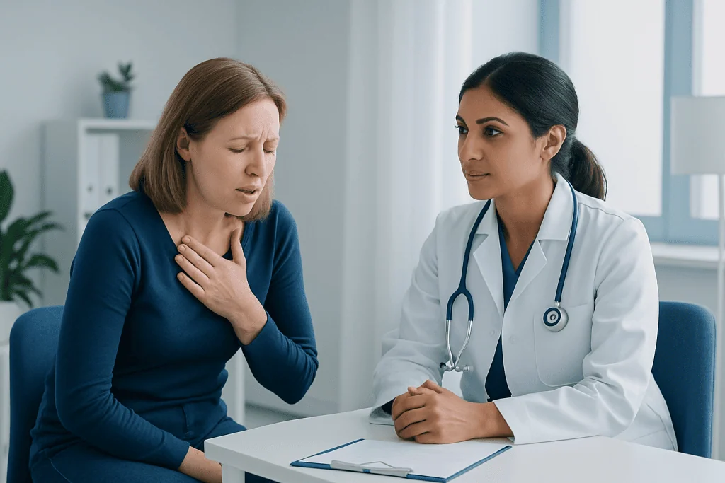 Patient experiencing chest discomfort during medical consultation at Acibadem Hospital.